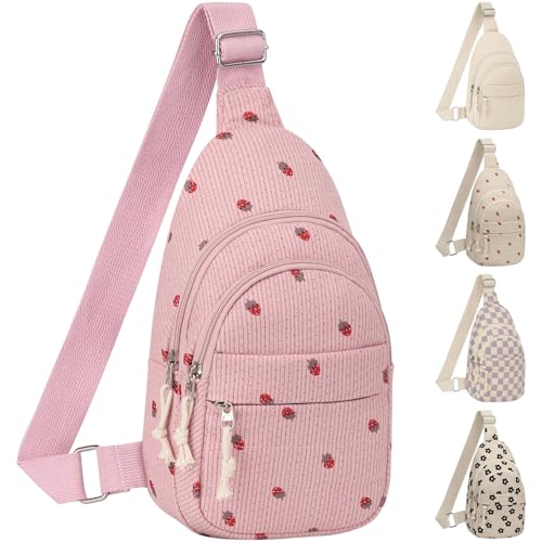ELONGRIVER Corduroy Small Crossbody Bags for Women Teen Girls Trendy, Cute Sling Bag for Girls Travel Hiking, Pink Strawberry - color: Pink Strawberry