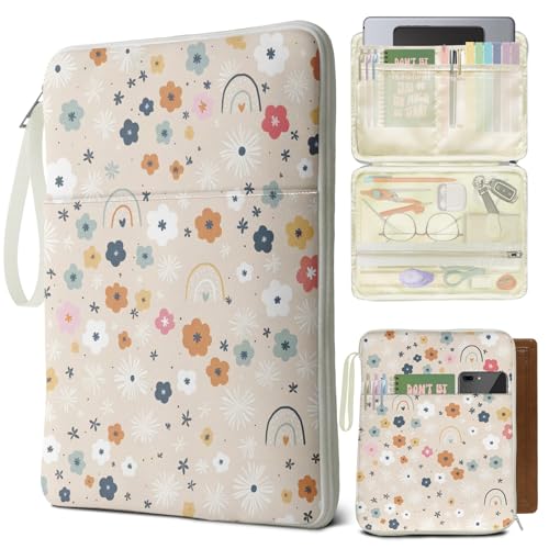 Rainbow Book Sleeve Pouch with Zipper, Paperback Book Protector Case,PU Leather Waterproof Book Pouch,Cute Floral Print Travel Book Carrying Case for Book Lovers Women,Book Cover for Hardcover