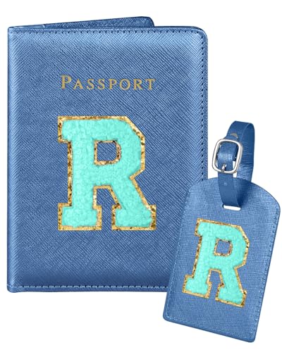 Slohif Passport Holder Initial Lugguage Tag Set Suitcase Cover Wallet Case for Travel Women - Leather Letter Passport Book Personalized Organizer Card Protector Sleeve Essentials Slim Carrier Blue R - color: Blue, style: R