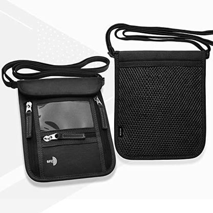 WALNEW Passport Holder Neck Pouch Travel Wallet for Women and Men, RFID Blocking Security Slim Traveling Wallet with Around Neck Lanyard Strap, Black - color: Black