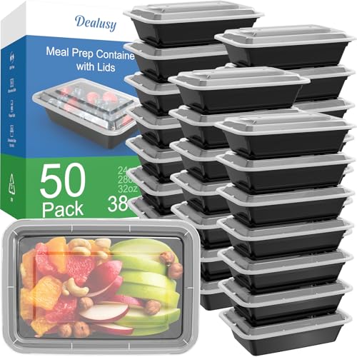 Dealusy 50 Pack (100-Piece) 38 oz Meal Prep Containers Reusable with Lids, Sturdy Leakproof & Food Safe, Microwave, Freezer, Dishwasher Safe Prep Containers, To Go Take Out Plastic Food Storage - size: 38 oz