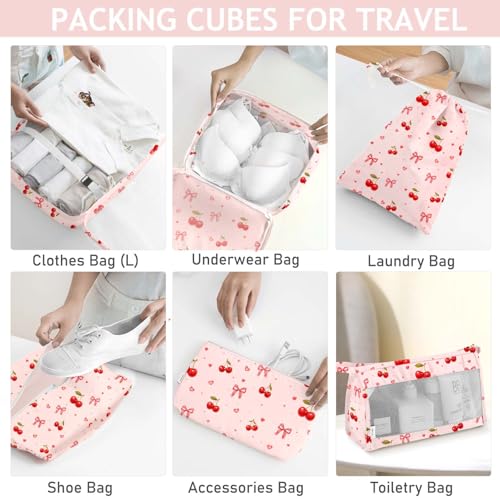 KPX 8 Set Packing Cubes for Travel, Luggage Packing Organizers Accessories Large Toiletries Bag for Clothes Shoes Cosmetics (8Set-Cherry & Bow) - color: 8Set-Cherry & Bow