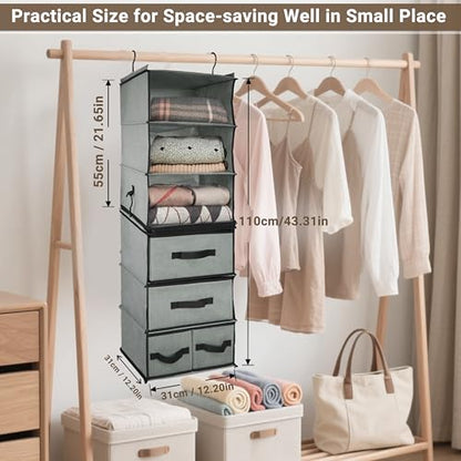 2-in-1 Durable 6-Tier Hanging Closet Organizer with 4 Removable Drawers,2 Separable 3-Tier Thickened Fabric Hanging Shelf Clothes Storage Organization Space-saving for Bedroom,Dorm,Guestroom,RV,Travel - style: Separable - 6 Tier by 2in1