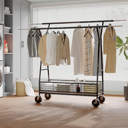 Raybee Heavy Duty Clothes Rack 630LBS, Double Rods Clothing Rack with Storage Basket, Portable Garment Rack for Heavy Clothes, Extendable & Adjustable, Bedroom, Closet, Commercial, Black - color: Black, style: Double Rods