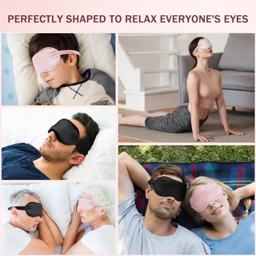 Amrules Sleep Mask Set of 2, Adjustable Silk Eye Mask for Sleeping, Soft Sleeping Eye Shade Cover for Women, Good for Blocking Light, Reducing Puffiness, Enhancing Sleep Quality (Blush Pink & Black)
