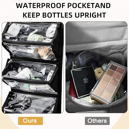 ROYALFAIR Roll Up Makeup Bag, Waterproof Toiletry Bag for Women, Hanging Travel Organizer bags with Jewelry Organizer Compartment, Extra Large 4 Clear TSA Approved Pouches Cosmetic Makeup (black) - color: black