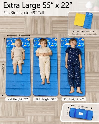 Primlect Toddler Nap Mat with Removable Pillow and Fleece Blanket, Extra Large 55''x35'' Sleeping Bag, Washable, Light, Easy to Roll up, Perfect for Daycare, Preschool, Kindergarten, Travel - color: Dinosaur