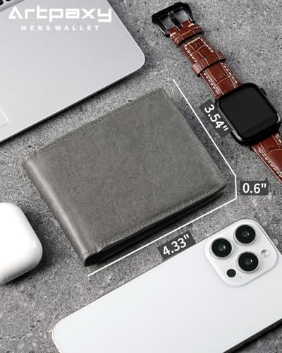 Artpaxy Mens Wallet Bifold Genuine Leather RFID Blocking Wallet for Men with 1 ID Windows 13 Card Holders 2 cash pockets 1 Gift Box - color: Dark Gray