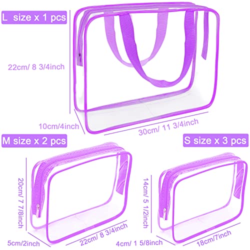 APREUTY Clear Makeup Bags, TSA Approved 6 Pcs Cosmetic Makeup Bags Set Clear PVC with Zipper Handle Portable Travel Luggage Pouch Airport Airline Vacation Organization (Purple) - color: Purple-6PCS (Large+Medium+Small)