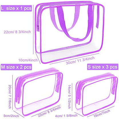 APREUTY Clear Makeup Bags, TSA Approved 6 Pcs Cosmetic Makeup Bags Set Clear PVC with Zipper Handle Portable Travel Luggage Pouch Airport Airline Vacation Organization (Purple) - color: Purple-6PCS (Large+Medium+Small)