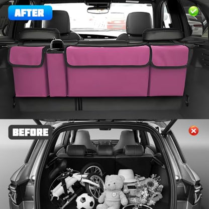 Car Trunk Organizer with Lid, Large Waterproof Vehicle Backseat Hanging Storage Bag with 4 Pockets & Adjustable Straps, Collapsible Automotive Interior Cargo Bag, Universal Fit (Purple) - color: Purple