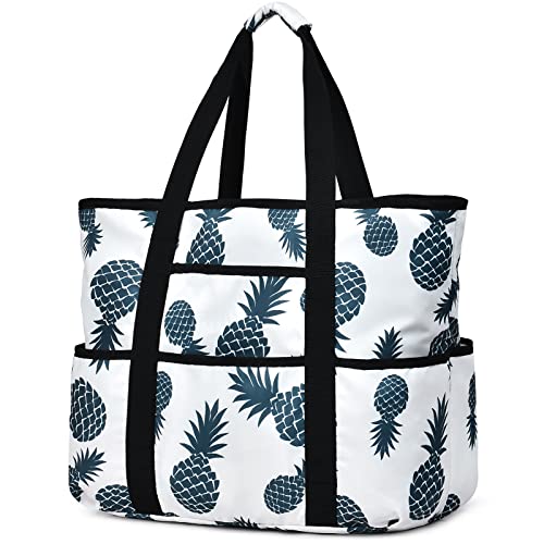 Becokan Beach Bags for Women Large Beach Tote Bag with Zipper Pockets Beach Bag Waterproof Sandproof Travel Nurse Tote Bag - color: Blue Pineapple