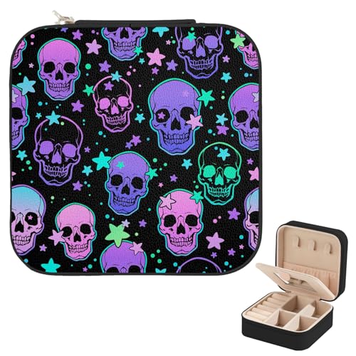 Travel Jewelry Case Portable PU Leather Mini Jewelry Travel Case Small Jewelry Box Earring Holder Organizer Storage for Earrings Necklaces Gift (Stars Purple Skulls) - color: Stars Purple Skulls