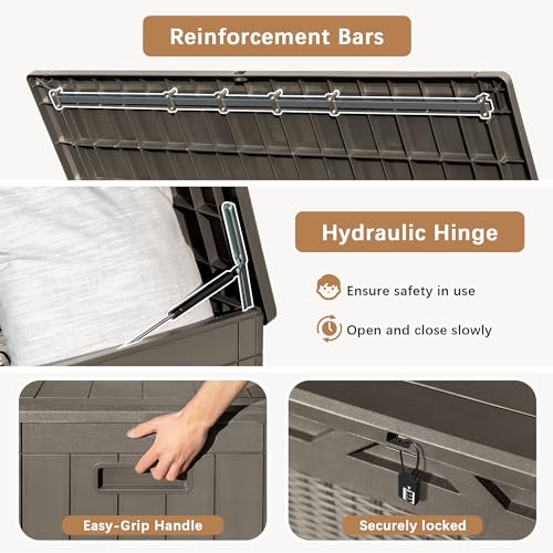 Devoko 97 Gallon Deck Box, Waterproof Resin Outdoor Storage Box for Outside and Patio, Large Outdoor Storage Bench Cabinet Lockable for Patio Furniture, Garden Tools and Pool Supplies (Brown) - color: Brown, size: 97 Gallon 1 Pack