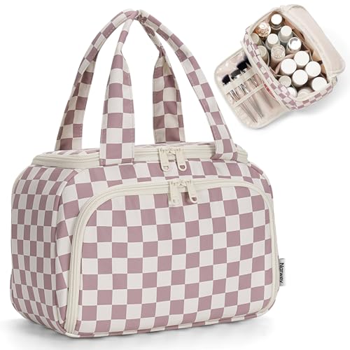 Narwey Checkered Travel Toiletry Bag for Women Large Makeup Bag, Wide-open Cosmetic Make Up Organizer with Handle, Travel Bag for Toiletries, Essentials, Accessories (Dusty Pink Checkerboard) - color: Dusty Pink Checkerboard