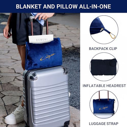 Travel Blanket & Pillow Set, 300 GSM Soft Fleece, 60x43 Inches, 3-in-1 Airplane Blanket, Travel Pillow and Blanket Set, Travel Blanket Airplane Compact with Bag, Travel Essentials, Navy - color: Navy
