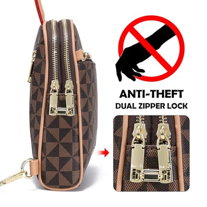 INICAT RFID Blocking Sling Bag, Anti Theft Crossbody Bag for Women Compact Travel Purses Leather - color: Checkered Brown