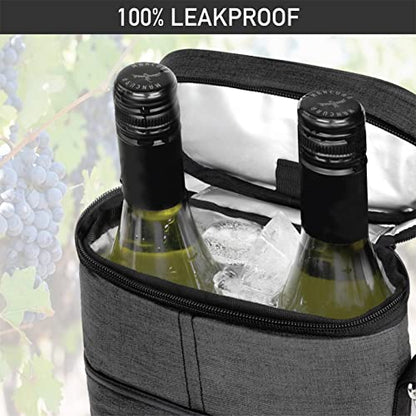 opux 2 Bottle Wine Carrier Tote, Insulated Leakproof Wine Cooler Bag, Wine Travel Bag for Picnic BYOB Beach, Portable Wine Bottle Carrying Case, Gift for Wine Lover Women Men Christmas, Charcoal Grey - color: Charcoal