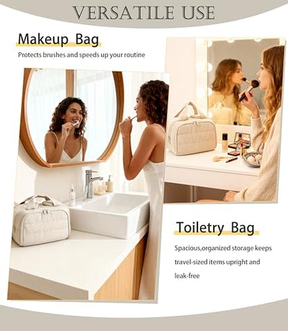 Travel Toiletry Bag for Women, Large Wide-open Puffy Cosmetic Makeup Bag with Wet-Dry Separation, Multi-Pocket Organizer with Carry Handle for Toiletries, Cosmetics, Essentials, Beige - color: Beige