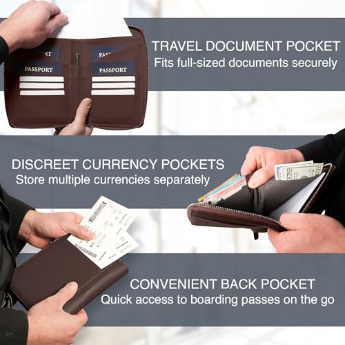 Full Grain Leather Family Passport Holder for 4 Passports - RFID Passport Holder and Travel Document Organizer - Large Leather Travel Wallet for Families - Brown - color: Dark Brown