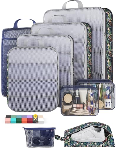 Veken 9/11 Set Compression Packing Cubes for Travel Essentials,Compressible Expandable Large Luggage Suitcase Organizer Bags for Clothing,Durable Space Saver Storage Bags(Dark Blue Floral) - color: Dark Blue Floral, size: 9 set