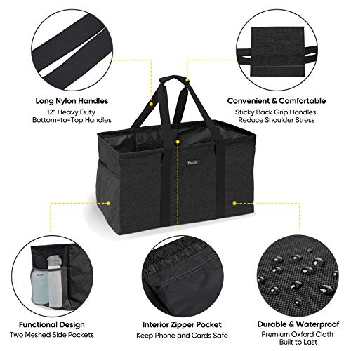 BALEINE Extra Large Utility Tote Bag with Reinforced Wire Frame, Reusable Grocery Bag for Shopping, Picnic (Black, 22''x12''x10'') - color: Black, size: 22''x12''x10''