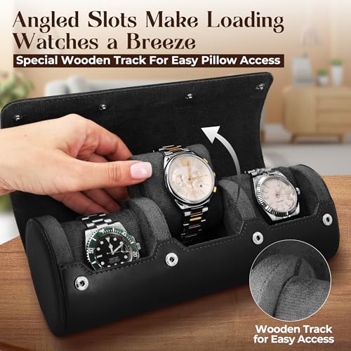Luxury Father's Gift, Travel Watch Case 3 Slots, Bonus Pouch Included, Portable Organizer, PU Leather Watch Roll, Home Storage, Angled Easy-Removal Cushions, Scratch-Resistant Padded Velvet Lining - color: Black/Grey