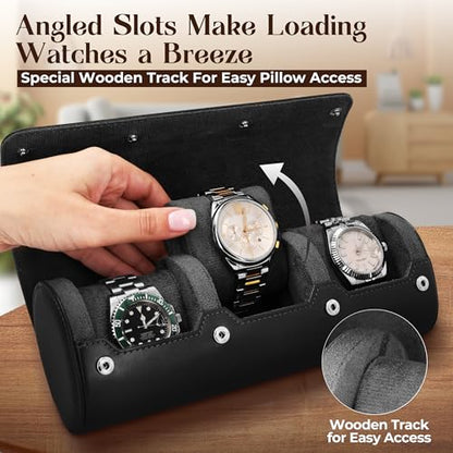 Luxury Father's Gift, Travel Watch Case 3 Slots, Bonus Pouch Included, Portable Organizer, PU Leather Watch Roll, Home Storage, Angled Easy-Removal Cushions, Scratch-Resistant Padded Velvet Lining - color: Black/Grey