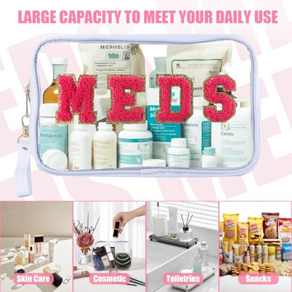 BuyCard 2 Pcs Medicine Chenille Letter Bag Preppy Clear Makeup Meds Bag for Travel Nylon & PVC Transparent Cosmetic Bag Preppy Patch Toiletry Storage for Women Girls White - color: MEDS-White, style: 2 Pcs-clear