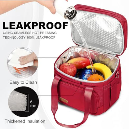 MAPLELILY Lunch Box for Men Women - Double Deck Insulated Lunch Bag, Large Leak Proof Tote Cooler, Wide Open Dual Compartment Lunch Bags with Shoulder Strap, For Work Picnic Hiking Beach, Red - color: Red