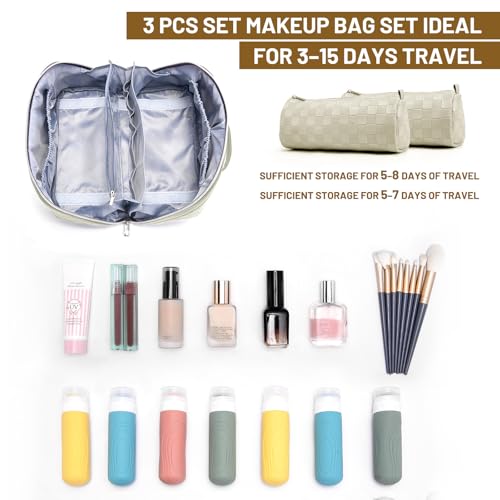 BOYATU Travel Makeup Bag Organizer: 3 Pcs Set Large Capacity Cosmetic Bags Holds 10–20 100ml Full-Size Bottles - 180°Open-Flat Make up Case 3-sec touch-up - Toiletry Bag Gift women (01-D-Beige) - color: 01-E-Beige