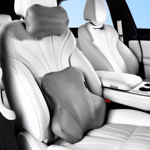 Coverado Car Lumbar Support Pillow and Car Neck Pillow Kit, Ergonomic Design Car Headrest Pillow for Driving, Relax Back Head Muscles Relieve Driving Fatigue, Breathable & Removable Cover, Gray - color: Gray-01, size: 2 Pieces