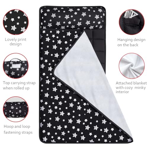 Toddler Sleeping Bag Nap Mat Black with Fleece Blanket, Lightweight, Soft Perfect for Toddlers Preschool, Daycare, Travel Sleeping Bag Boys Girls, 21" x 50" Fit Standard Cot - color: Black