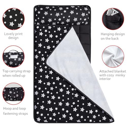 Toddler Sleeping Bag Nap Mat Black with Fleece Blanket, Lightweight, Soft Perfect for Toddlers Preschool, Daycare, Travel Sleeping Bag Boys Girls, 21" x 50" Fit Standard Cot - color: Black