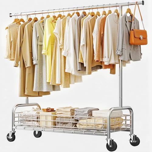 Raybee Heavy Duty Clothes Rack 485 LBS, Storage Basket with Sturdy Wheels, Clothing Racks for Hanging Clothes, Wardrobe Closet Rack for Bedroom, Boutiques, Laundry, Chrome - color: Chrome, style: Single Rod