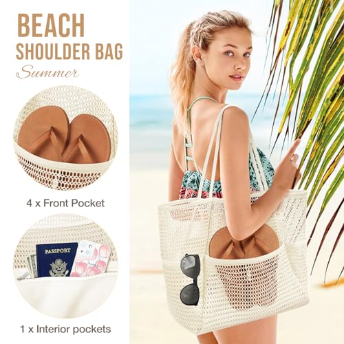 KPX Beach Bag with Mini Pocket, Summer Beach Tote Bags for Women Large Foldable Mesh Swimming Pool Travel Bags - Sandproof - color: Beige