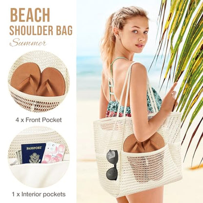 KPX Beach Bag with Mini Pocket, Summer Beach Tote Bags for Women Large Foldable Mesh Swimming Pool Travel Bags - Sandproof - color: Beige