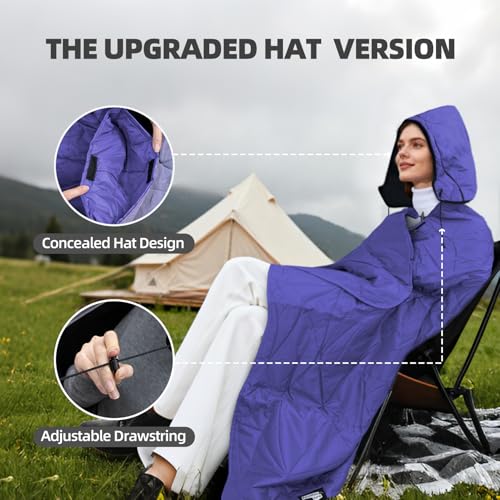Large Outdoor Waterproof Blanket Extra Thick Fleece Stadium Blanket for Camping, Car, Pet, Picnics - Windproof, Wearable, Machine Washable 80" x 58" (Purple,Hooded) - color: Hooded-purple