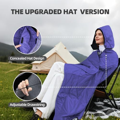 Large Outdoor Waterproof Blanket Extra Thick Fleece Stadium Blanket for Camping, Car, Pet, Picnics - Windproof, Wearable, Machine Washable 80" x 58" (Purple,Hooded) - color: Hooded-purple