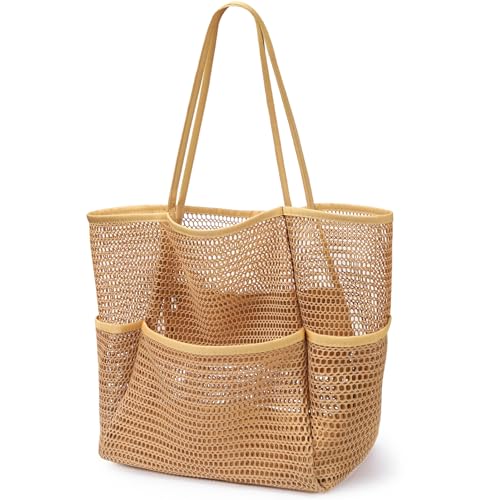 KPX Beach Bag with Mini Pocket, Summer Beach Tote Bags for Women Large Foldable Mesh Swimming Pool Travel Bags - Sandproof - color: Khaki