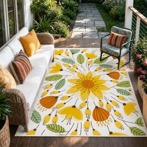 Lahome Floral Indoor Outdoor Rug, 5x8ft Non-Slip Outdoor Patio Rug for Camping Picnic, Portable Outdoor Carpet for Balcony Deck Backyard, Large RV Outdoor Rugs for Living Room Bedroom,Yellow - color: Yellow, size: 5'x 8'