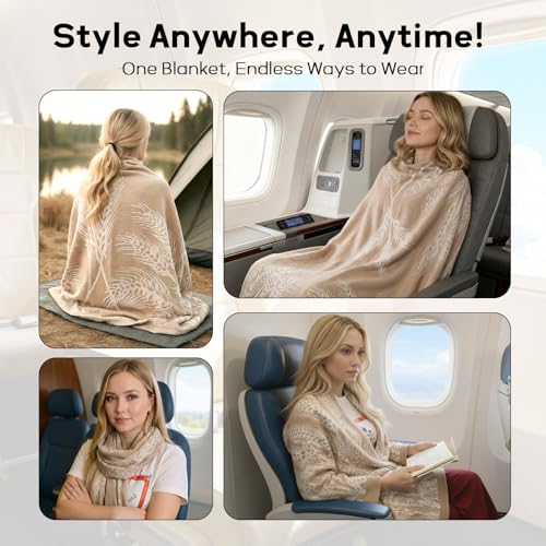 Travel Blanket Airplane - Ultra Soft & Lightweight Knit Design Compact Airplane Blanket,53x72 Inch,Stylish Travel Shawl Wraps for Flights,Office,Home Use,Travel Essentials & Gifts - color: B Khaki Wheat Print