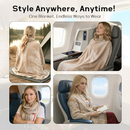 Travel Blanket Airplane - Ultra Soft & Lightweight Knit Design Compact Airplane Blanket,53x72 Inch,Stylish Travel Shawl Wraps for Flights,Office,Home Use,Travel Essentials & Gifts - color: B Khaki Wheat Print