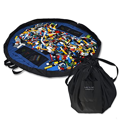 Lay-n-Go Layflat Portable Drawstring Cinch Storage Toy & Mini Figures Organizer & Play Mat, Mesh Pockets, Home & Travel, Kids & Toddlers Playdates, 2 Straps for Backpack, Durable, Machine Washable - color: Black/Blue
