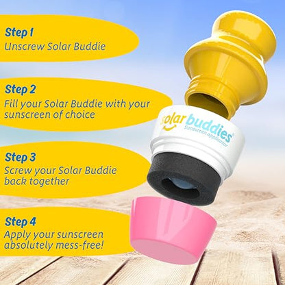 Solar Buddies Grab & Go Travel Bundle - Single Pink - Empty Refillable Applicator with Carabiner Clip & Brush - Roll-On Sponge for Lotion & Cream - 3.4oz (No Sunscreen Included) - color: Pink Single