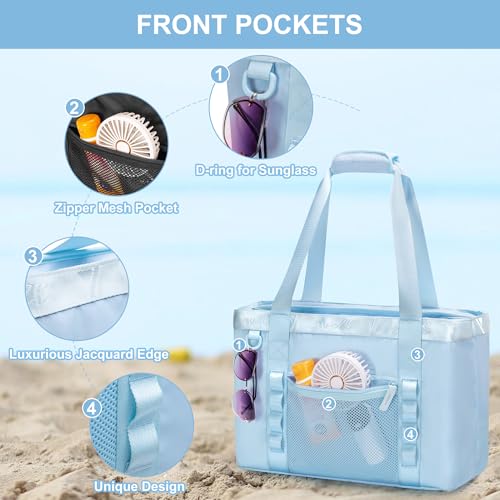 Yarwo Beach Bag for Women, Sandproof Swim Tote Bag with Cooler Compartment and Wet & Dry Pockets for Pool Cruise Vacation - color: Blue