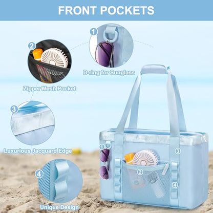 Yarwo Beach Bag for Women, Sandproof Swim Tote Bag with Cooler Compartment and Wet & Dry Pockets for Pool Cruise Vacation - color: Blue
