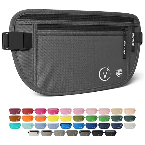 Vantamo Money Belt with RFID For Men & Women, Hidden Passport Holder for Travel, 2 Compartment Travel Fanny Pack for Women Anti Theft - color: Steel Gray & Black