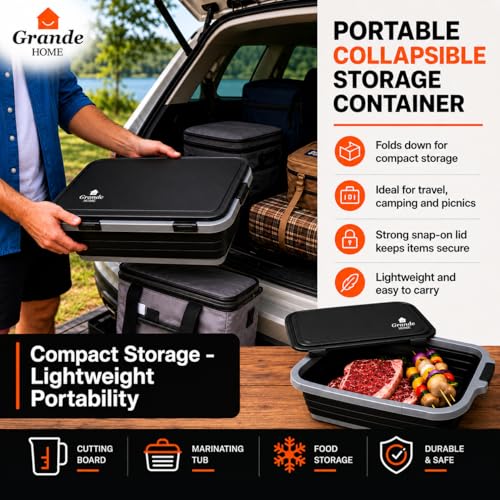 BBQ Prep Tub Collapsible EXTRA-LARGE w/Cutting Board, Locking Lid – Meal Prep Food Prep Containers w/Lids for Resting Meat –3 Adjustable Height - Ideal for Camping, Picnic, Dish Basin