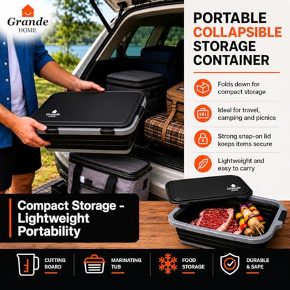 BBQ Prep Tub Collapsible EXTRA-LARGE w/Cutting Board, Locking Lid – Meal Prep Food Prep Containers w/Lids for Resting Meat –3 Adjustable Height - Ideal for Camping, Picnic, Dish Basin